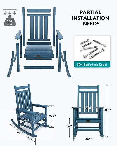 SERWALL Oversized Rocking Chair, Outdoor Rocking Chair for Adults, All Weather Resistant Porch Rocker for Lawn Garden, Blue - CookCave