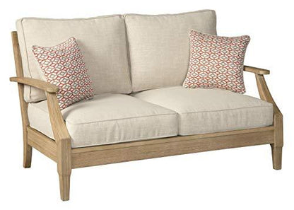 Signature Design by Ashley Clare View Coastal Outdoor Patio Eucalyptus Loveseat with Cushions, Beige - CookCave
