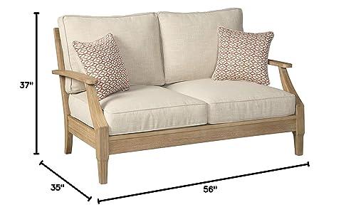 Signature Design by Ashley Clare View Coastal Outdoor Patio Eucalyptus Loveseat with Cushions, Beige - CookCave