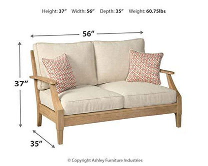 Signature Design by Ashley Clare View Coastal Outdoor Patio Eucalyptus Loveseat with Cushions, Beige - CookCave