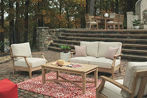 Signature Design by Ashley Clare View Coastal Outdoor Patio Eucalyptus Loveseat with Cushions, Beige - CookCave