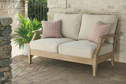 Signature Design by Ashley Clare View Coastal Outdoor Patio Eucalyptus Loveseat with Cushions, Beige - CookCave