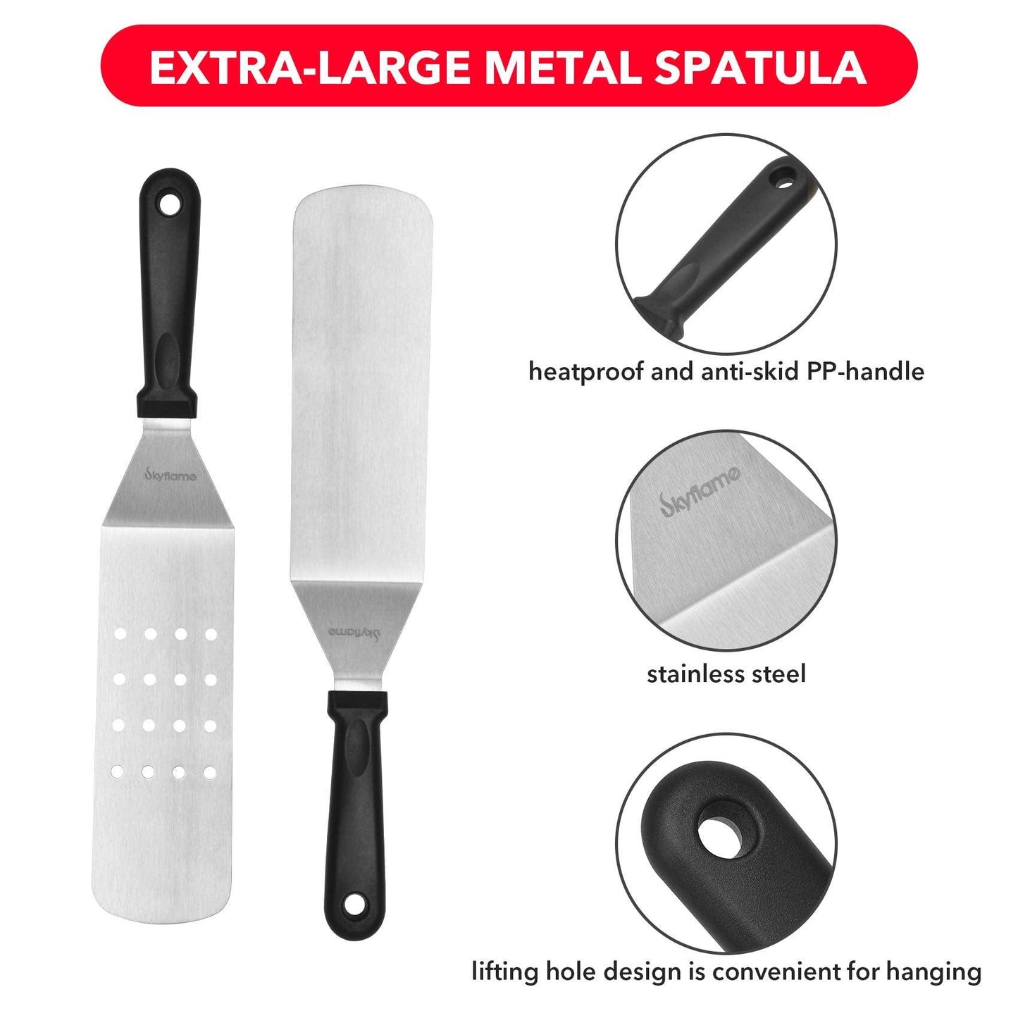 Skyflame 3 Piece Griddle Accessories Kit, Stainless Steel Professional Long BBQ Grill Spatula/Turner & Scraper Set for Flat Top Grill Hibachi Camping Cooking - CookCave