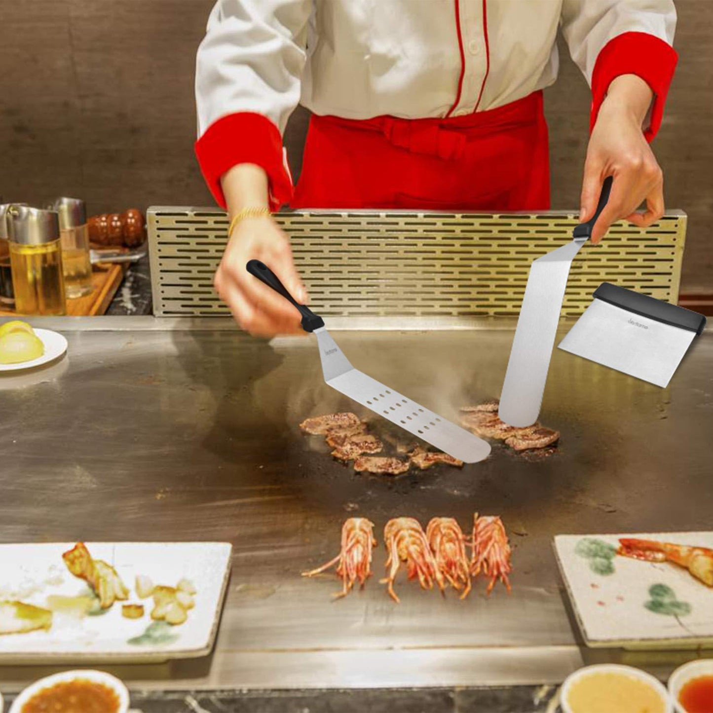 Skyflame 3 Piece Griddle Accessories Kit, Stainless Steel Professional Long BBQ Grill Spatula/Turner & Scraper Set for Flat Top Grill Hibachi Camping Cooking - CookCave