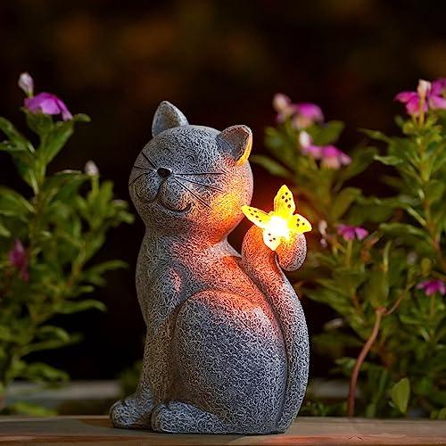 Solar Cat Outdoor Statues for Garden: Outside Decor with Butterfly Clearance for Yard Art Lawn Ornaments Porch Patio Balcony Home House - Birthday Gifts for Grandma Mom Women - CookCave