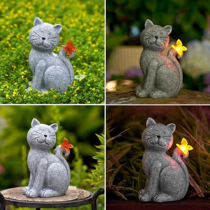 Solar Cat Outdoor Statues for Garden: Outside Decor with Butterfly Clearance for Yard Art Lawn Ornaments Porch Patio Balcony Home House - Birthday Gifts for Grandma Mom Women - CookCave