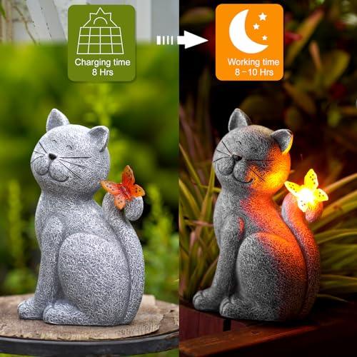 Solar Cat Outdoor Statues for Garden: Outside Decor with Butterfly Clearance for Yard Art Lawn Ornaments Porch Patio Balcony Home House - Birthday Gifts for Grandma Mom Women - CookCave