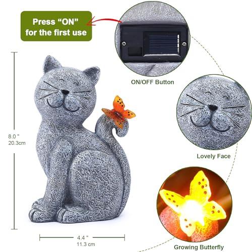 Solar Cat Outdoor Statues for Garden: Outside Decor with Butterfly Clearance for Yard Art Lawn Ornaments Porch Patio Balcony Home House - Birthday Gifts for Grandma Mom Women - CookCave