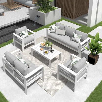 Solaste Aluminum Patio Furniture Set,5 Pieces Modern Outdoor Conversation Set Sectional Sofa with Upgrade Cushion and Coffee Table,White - CookCave