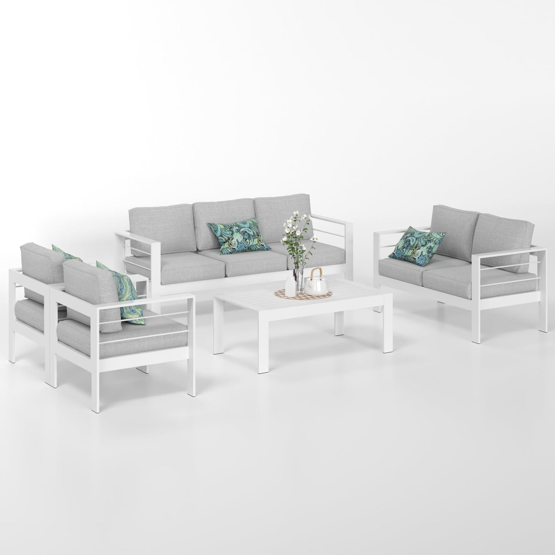 Solaste Aluminum Patio Furniture Set,5 Pieces Modern Outdoor Conversation Set Sectional Sofa with Upgrade Cushion and Coffee Table,White - CookCave