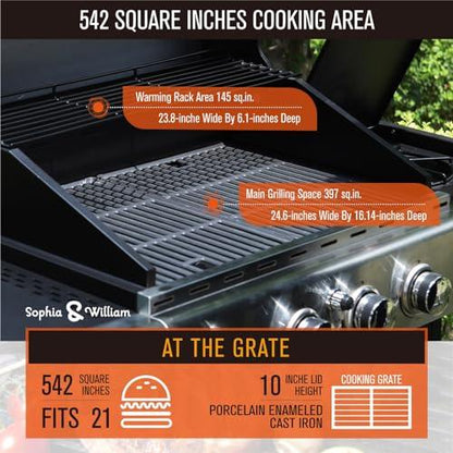 Sophia & William 4-Burner Gas BBQ Grill with Side Burner and Porcelain-Enameled Cast Iron Grates 42,000BTU Outdoor Cooking Stainless Steel Propane Grills Cabinet Style Garden Barbecue Grill, Silver - CookCave