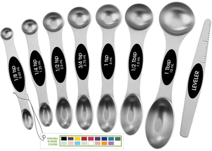 Spring Chef Magnetic Measuring Spoons Set with Strong N45 Magnets, Heavy Duty Stainless Steel Metal, Fits in Most Kitchen Spice Jars for Baking & Cooking, BPA Free, Black, Set of 8 with Leveler - CookCave