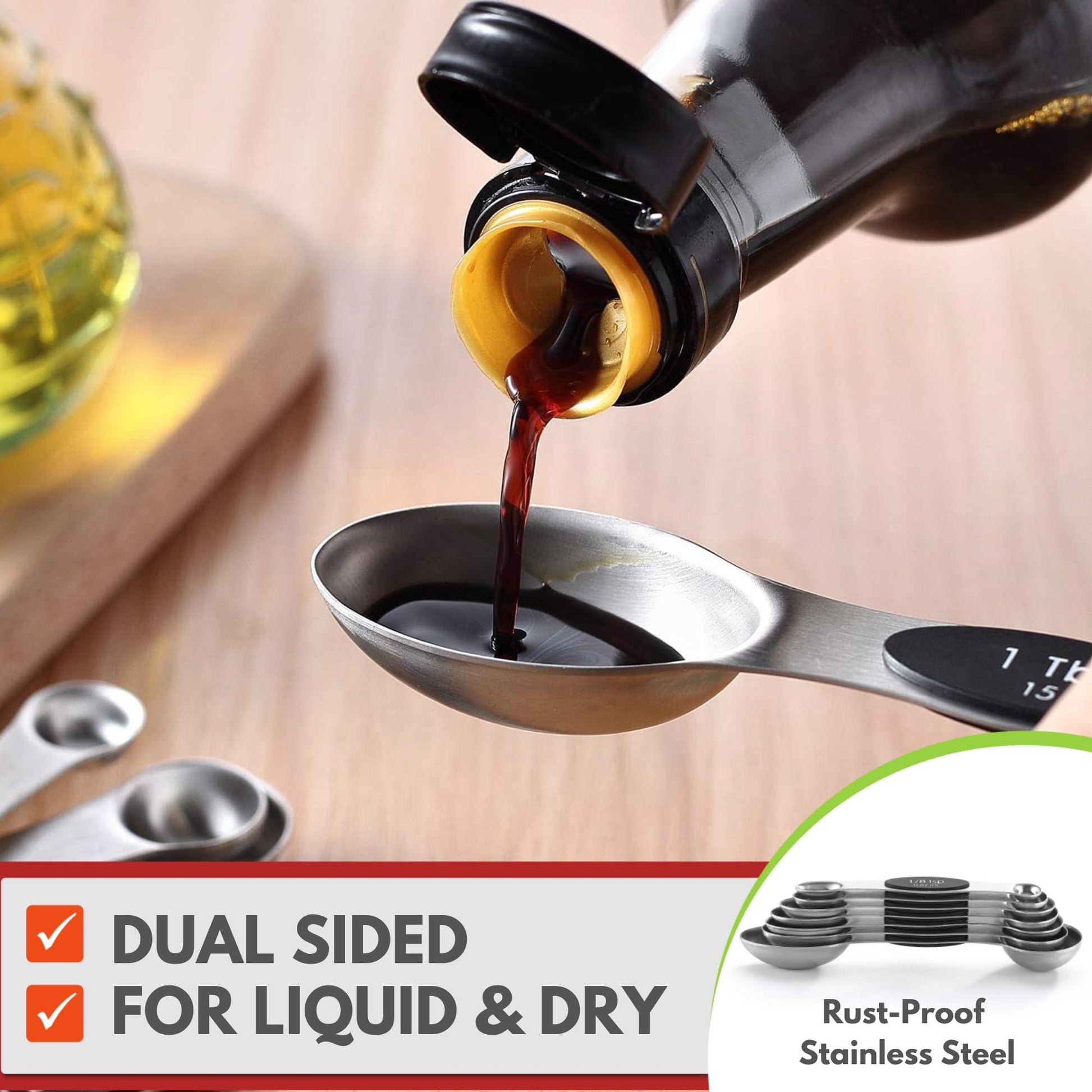 Spring Chef Magnetic Measuring Spoons Set with Strong N45 Magnets, Heavy Duty Stainless Steel Metal, Fits in Most Kitchen Spice Jars for Baking & Cooking, BPA Free, Black, Set of 8 with Leveler - CookCave