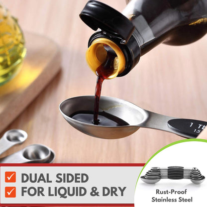 Spring Chef Magnetic Measuring Spoons Set with Strong N45 Magnets, Heavy Duty Stainless Steel Metal, Fits in Most Kitchen Spice Jars for Baking & Cooking, BPA Free, Black, Set of 8 with Leveler - CookCave