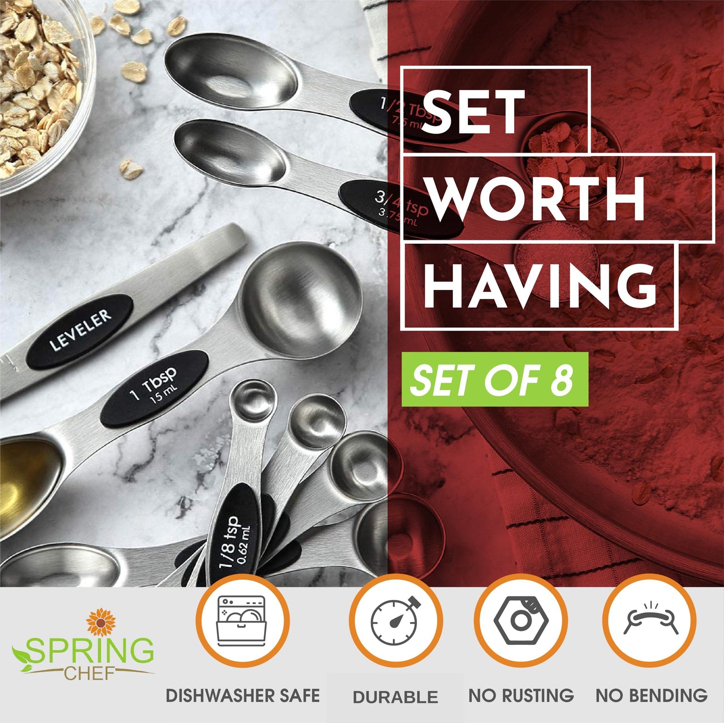 Spring Chef Magnetic Measuring Spoons Set with Strong N45 Magnets, Heavy Duty Stainless Steel Metal, Fits in Most Kitchen Spice Jars for Baking & Cooking, BPA Free, Black, Set of 8 with Leveler - CookCave