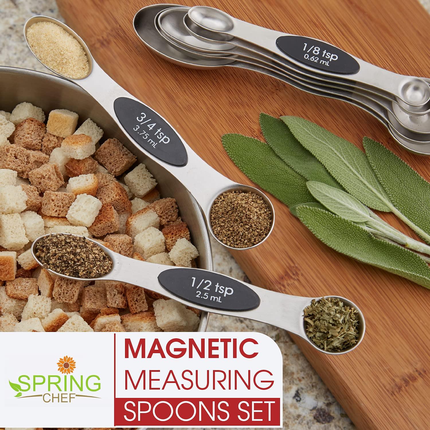 Spring Chef Magnetic Measuring Spoons Set with Strong N45 Magnets, Heavy Duty Stainless Steel Metal, Fits in Most Kitchen Spice Jars for Baking & Cooking, BPA Free, Black, Set of 8 with Leveler - CookCave