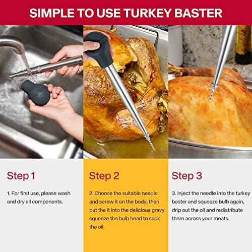 Stainless Steel Turkey Baster for Cooking, Food Grade Turkey Baster Syringe Oil Dropper Meat Injector Set with Silicone Bristling Brush, 2 Needles, Cleaning Brush for Chicken, Beef, Pork, BBQ, Black - CookCave