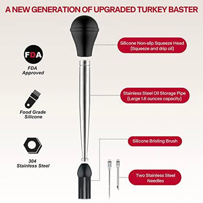 Stainless Steel Turkey Baster for Cooking, Food Grade Turkey Baster Syringe Oil Dropper Meat Injector Set with Silicone Bristling Brush, 2 Needles, Cleaning Brush for Chicken, Beef, Pork, BBQ, Black - CookCave