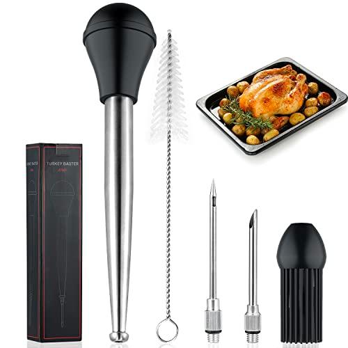 Stainless Steel Turkey Baster for Cooking, Food Grade Turkey Baster Syringe Oil Dropper Meat Injector Set with Silicone Bristling Brush, 2 Needles, Cleaning Brush for Chicken, Beef, Pork, BBQ, Black - CookCave