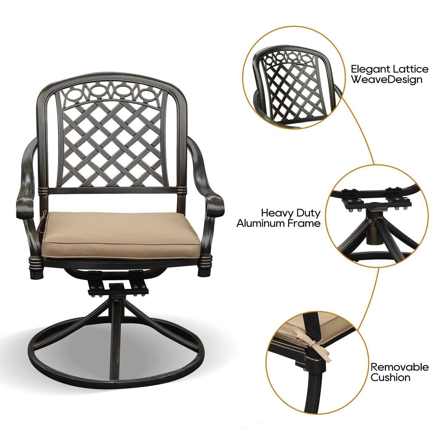 Sumshadow 2 Piece Cast Aluminum Outdoor Swivel Dining Chairs, All-Weather Patio Swivel Rocker Chair Sets with Cushion for Garden, Backyard, Poolside, Bistro (2 Pieces) - CookCave