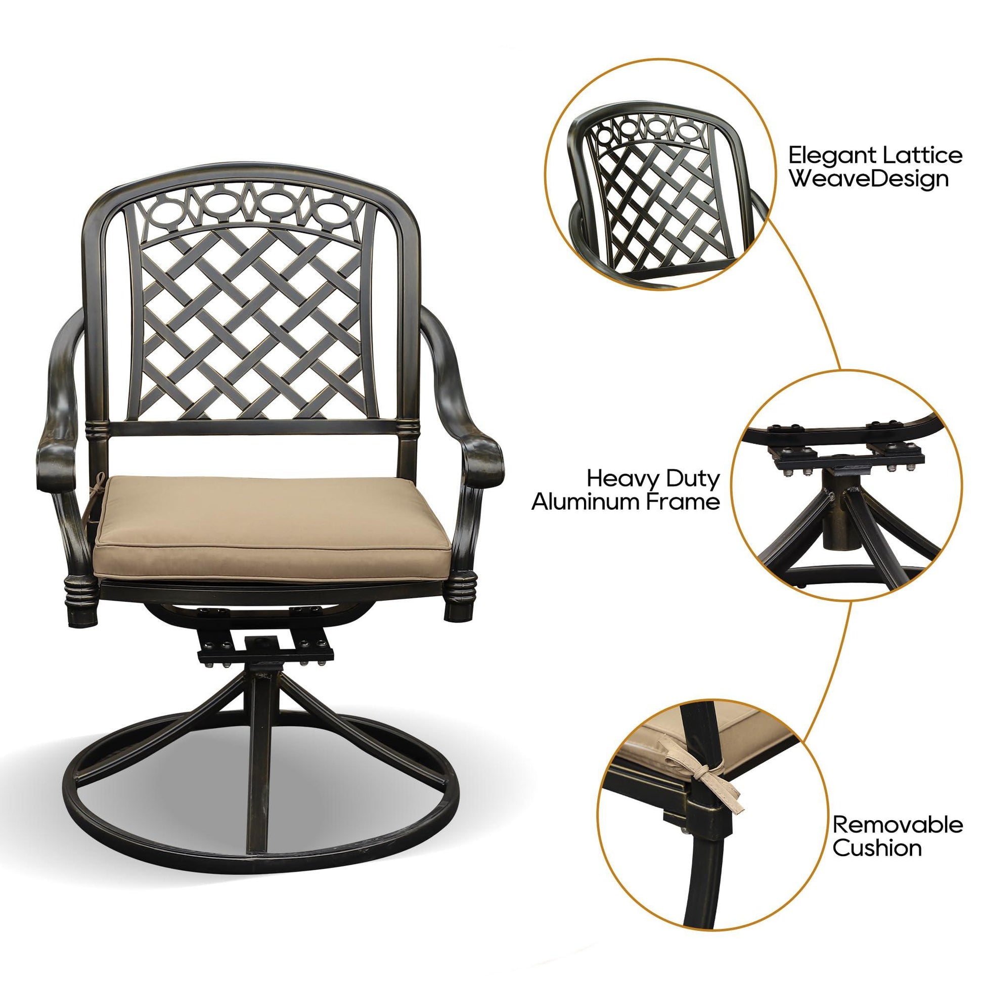 Sumshadow 2 Piece Cast Aluminum Outdoor Swivel Dining Chairs, All-Weather Patio Swivel Rocker Chair Sets with Cushion for Garden, Backyard, Poolside, Bistro (2 Pieces) - CookCave