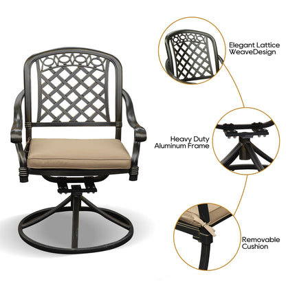 Sumshadow 2 Piece Cast Aluminum Outdoor Swivel Dining Chairs, All-Weather Patio Swivel Rocker Chair Sets with Cushion for Garden, Backyard, Poolside, Bistro (2 Pieces) - CookCave
