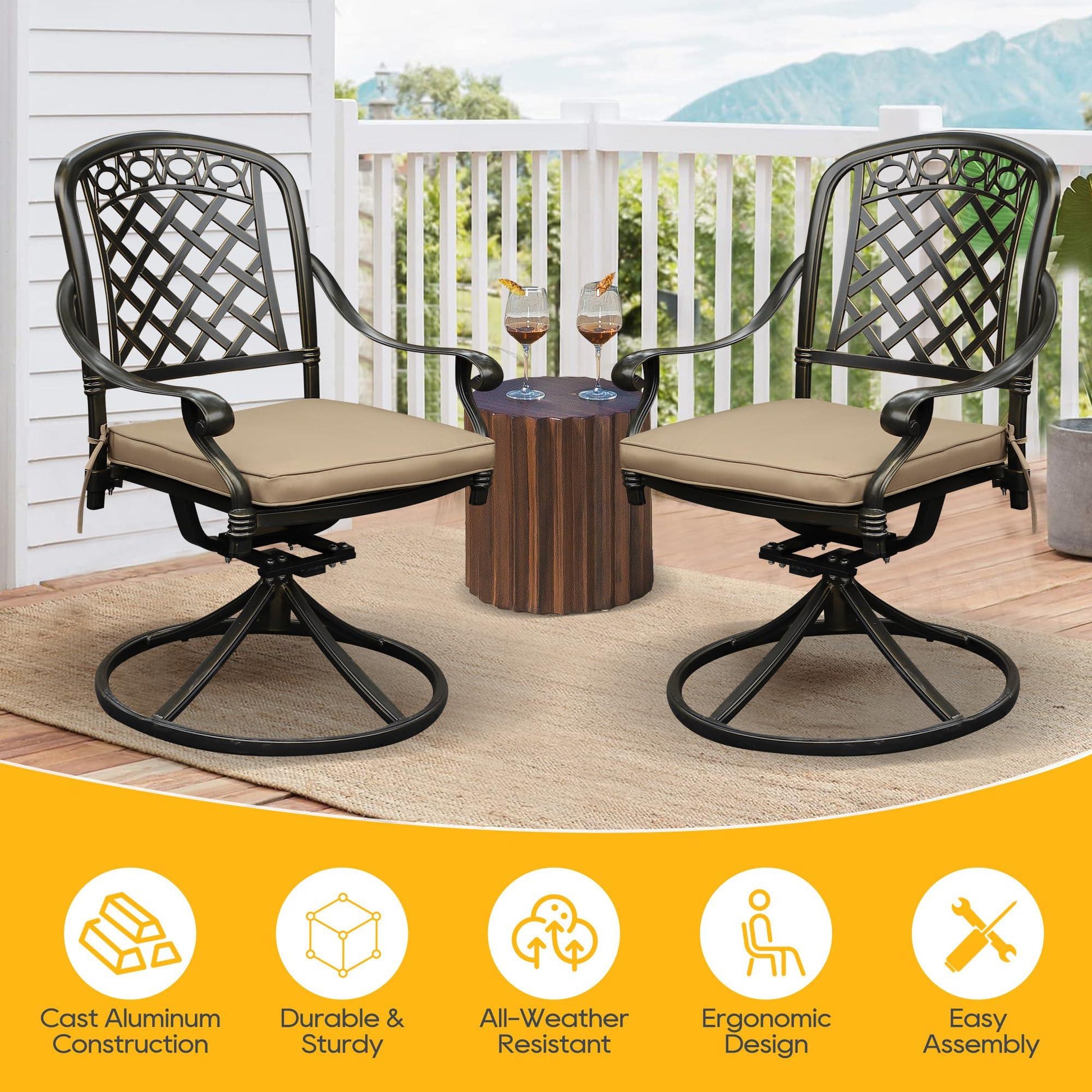 Sumshadow 2 Piece Cast Aluminum Outdoor Swivel Dining Chairs, All-Weather Patio Swivel Rocker Chair Sets with Cushion for Garden, Backyard, Poolside, Bistro (2 Pieces) - CookCave