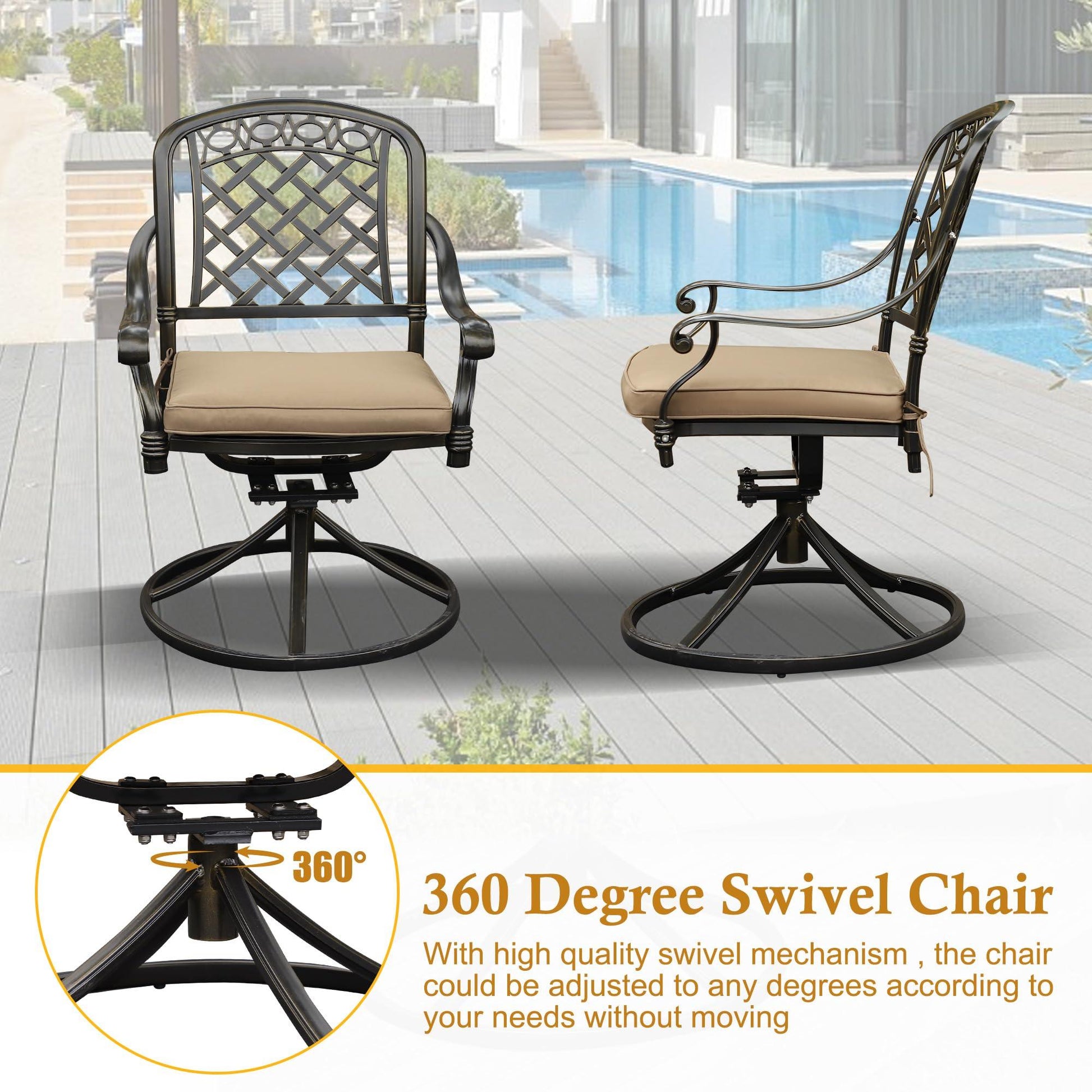 Sumshadow 2 Piece Cast Aluminum Outdoor Swivel Dining Chairs, All-Weather Patio Swivel Rocker Chair Sets with Cushion for Garden, Backyard, Poolside, Bistro (2 Pieces) - CookCave