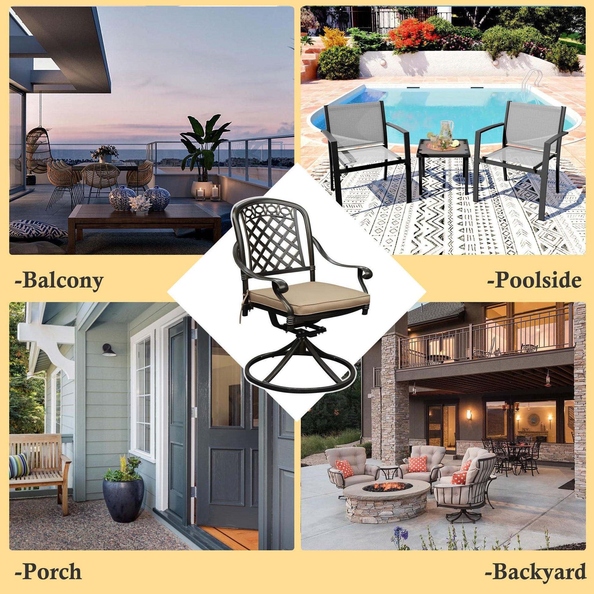 Sumshadow 2 Piece Cast Aluminum Outdoor Swivel Dining Chairs, All-Weather Patio Swivel Rocker Chair Sets with Cushion for Garden, Backyard, Poolside, Bistro (2 Pieces) - CookCave