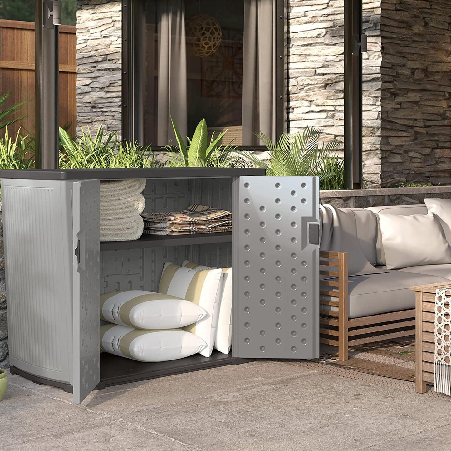 Suncast Backyard Oasis Outdoor Storage Unit, 130 Gallons, Peppercorn - CookCave