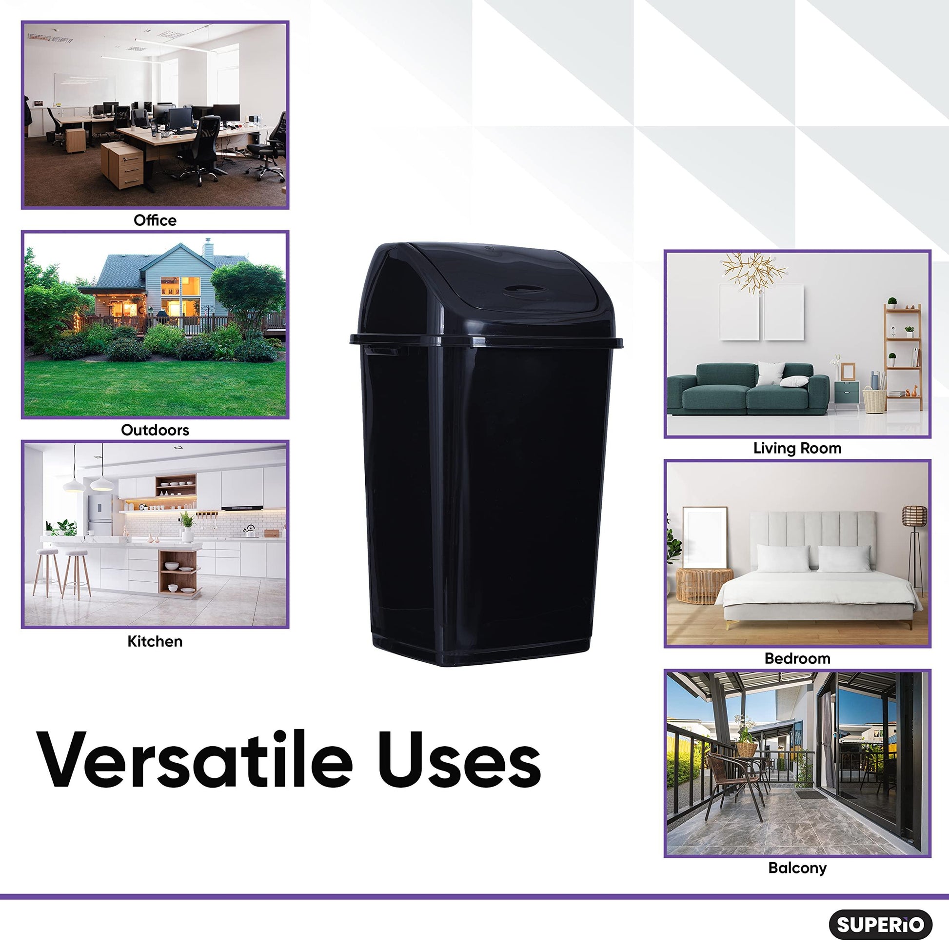 Superio Kitchen Trash Can 13 Gallon with Swing Lid, Plastic Tall Garbage Can Outdoor and Indoor, Large 52 Qt Recycle Bin and Waste Basket for Home, Office, Garage, Patio, Restaraunt (Black) - CookCave