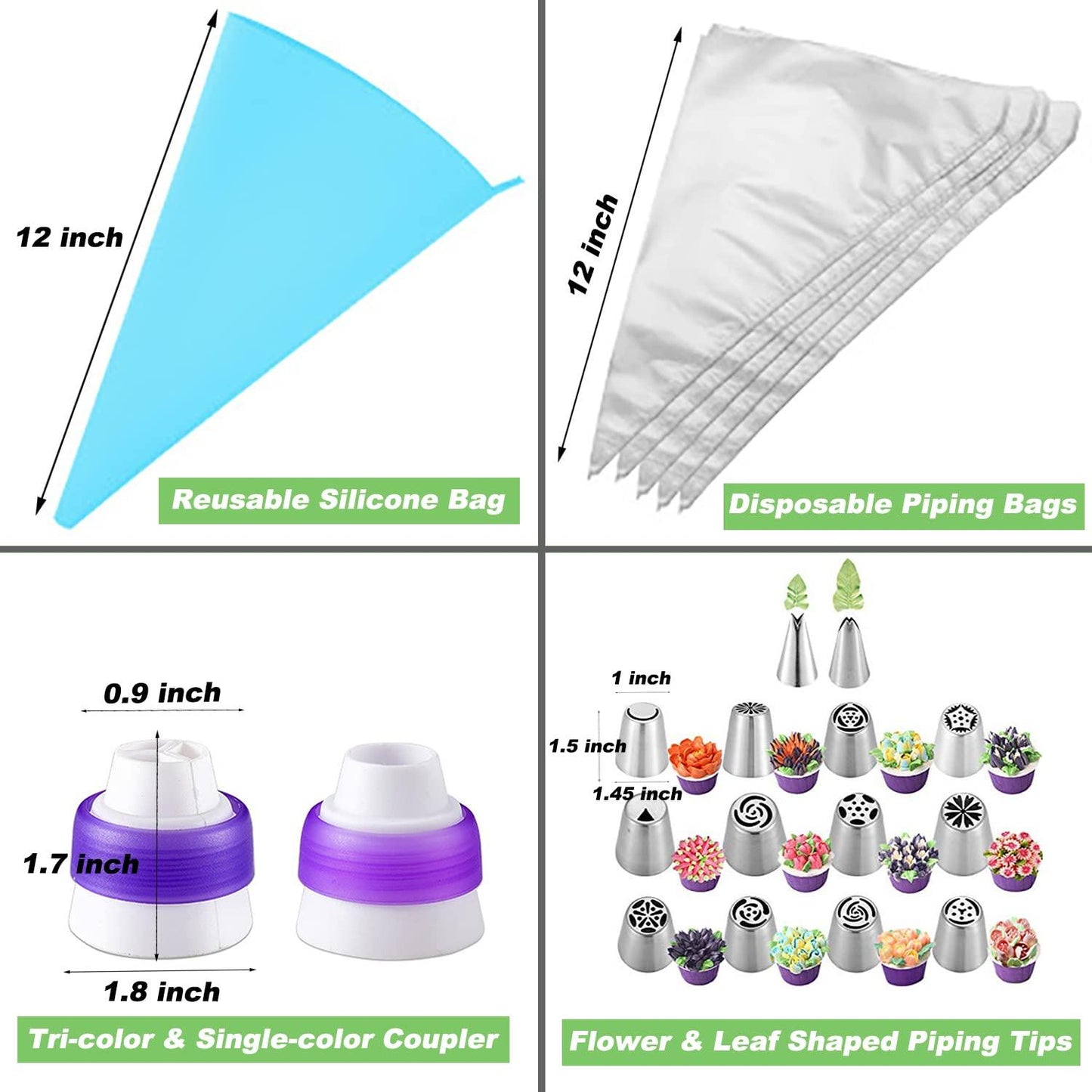 Suuker 27 Pcs Russian Piping Tips Set, Cake Decorating Tips Baking Supplies for Cupcake Cookies Birthday Party (12 Icing Tips 10 Pastry Baking Bags 2 Leaf Piping Tips 2 Couplers 1 Silicone Bag) - CookCave