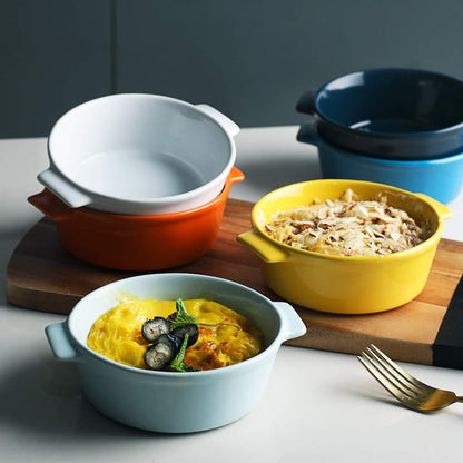 Sweejar Ceramic Souffle Dishes, Round Double Handle-Ramekins-Baking, 10 OZ for Pudding,Creme Brulee,Souffle - Set of 6(Multi) - CookCave