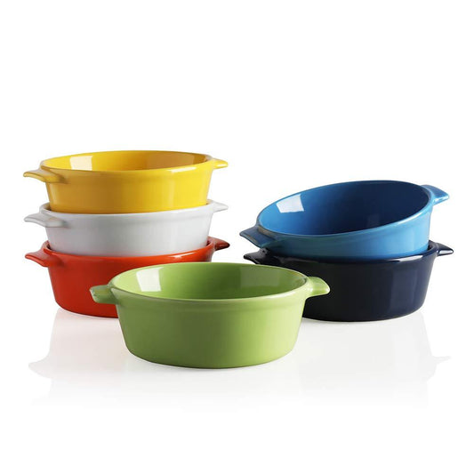 Sweejar Ceramic Souffle Dishes, Round Double Handle-Ramekins-Baking, 10 OZ for Pudding,Creme Brulee,Souffle - Set of 6(Multi) - CookCave