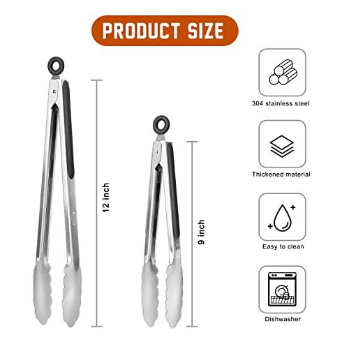 TACGEA Stainless Steel Kitchen Tongs, Silicone Non-slip Grip, Locking Grilling Food Tongs Set of 2, 9-inch & 12-inch - CookCave