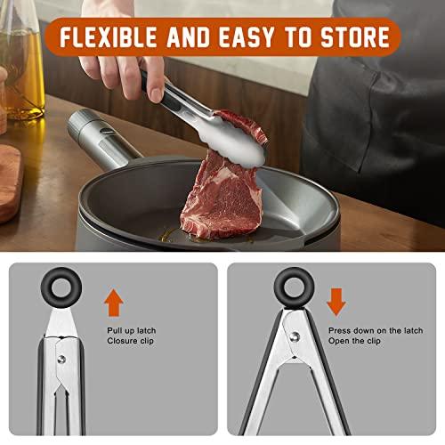 TACGEA Stainless Steel Kitchen Tongs, Silicone Non-slip Grip, Locking Grilling Food Tongs Set of 2, 9-inch & 12-inch - CookCave