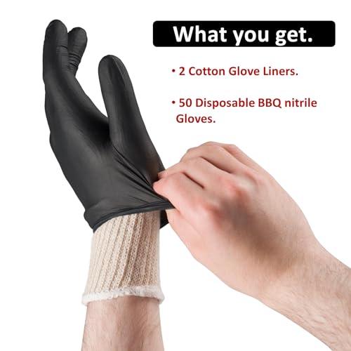 Tackleit BBQ Gloves for Cooking Baking Grilling, 50 Pcs Disposable Nitrile Gloves and 2 Pcs Cotton Glove Liners Washable - CookCave