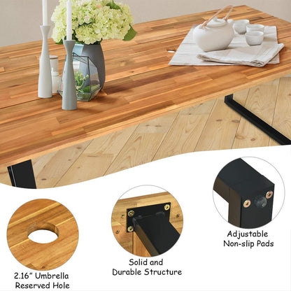 Tangkula 7 Pieces Outdoor Dining Set, Patented Patio Furniture Set w/Large Rectangle Acacia Wood Table Top, Rattan Chairs with Steel Frame, Umbrella Hole, for Backyard Garden - CookCave