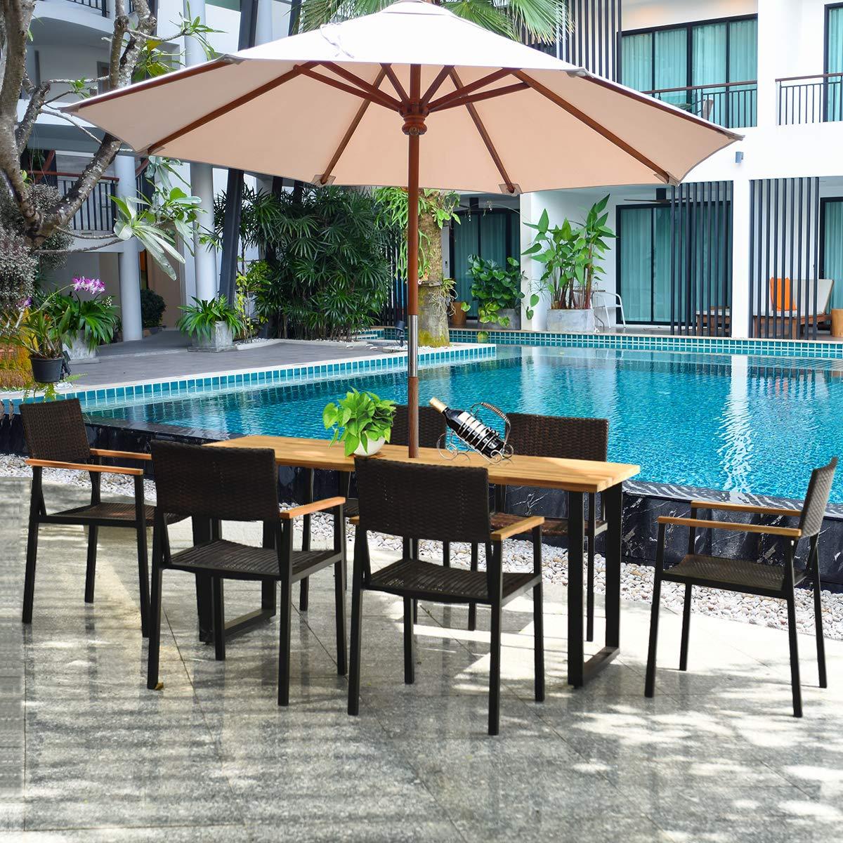 Tangkula 7 Pieces Outdoor Dining Set, Patented Patio Furniture Set w/Large Rectangle Acacia Wood Table Top, Rattan Chairs with Steel Frame, Umbrella Hole, for Backyard Garden - CookCave