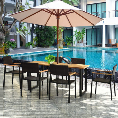 Tangkula 7 Pieces Outdoor Dining Set, Patented Patio Furniture Set w/Large Rectangle Acacia Wood Table Top, Rattan Chairs with Steel Frame, Umbrella Hole, for Backyard Garden - CookCave