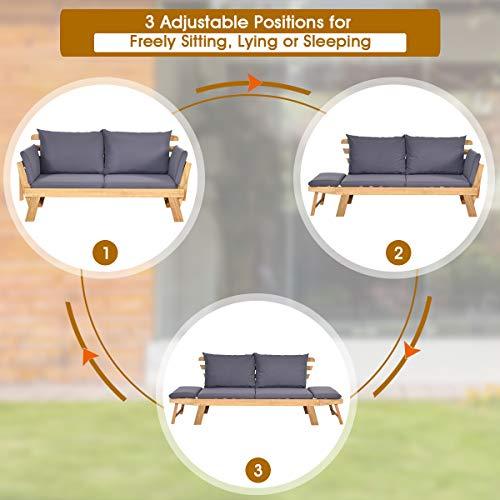 Tangkula Acacia Wood Patio Convertible Couch Sofa Bed with Adjustable Armrest, Outdoor Daybed with Cushion & Pillow, Folding Chaise Lounge Bench Ideal for Porch Courtyard Poolside (Dark Grey) - CookCave