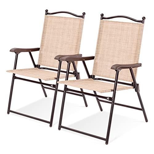 Tangkula Set of 2 Patio Folding Dining Chairs, Outdoor Sling Lawn Chairs with Armrests, Steel Frame, Portable Camping Lounge Chairs for Backyard, Deck, Poolside and Garden, No Assembly (Beige) - CookCave
