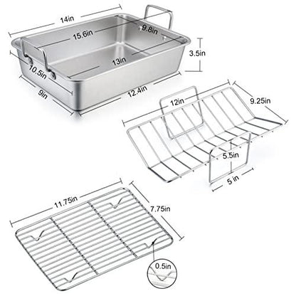 TeamFar Roasting Pan with Rack, 14 Inch Stainless Steel Turkey Roaster Lasagna Pan with V-Shaped Rack & Cooling Rack, Healthy & Durable, Brushed Surface & Dishwasher Safe, Rectangular - Set of 3 - CookCave