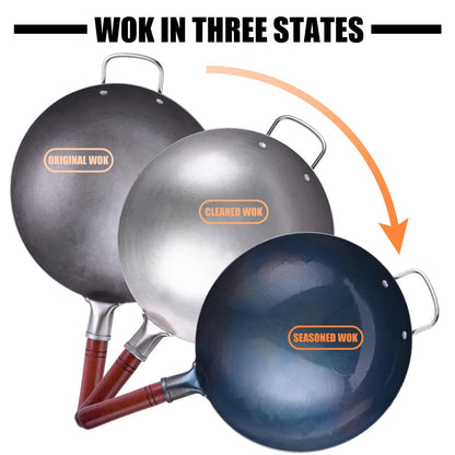 Teewe Carbon Steel Wok Traditional Hand Hammered Wok - 13.4” Chinese Wok Round Bottom Wok Pan Set with 8 Pcs Cookware Accessories - CookCave