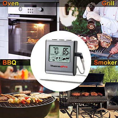 ThermoPro TP-16 Large LCD Digital Cooking Food Meat Smoker Oven Kitchen BBQ Grill Thermometer Clock Timer with Stainless Steel Probe - CookCave