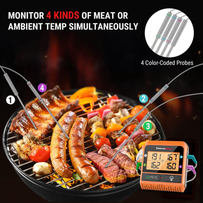 ThermoPro TP829 Wireless LCD Meat Thermometer for Grilling and Smoking, 1000FT Grill Thermometer for Outside Grill with 4 Meat Probes, BBQ Thermometer for Smoker Oven Cooking Beef Turkey - CookCave