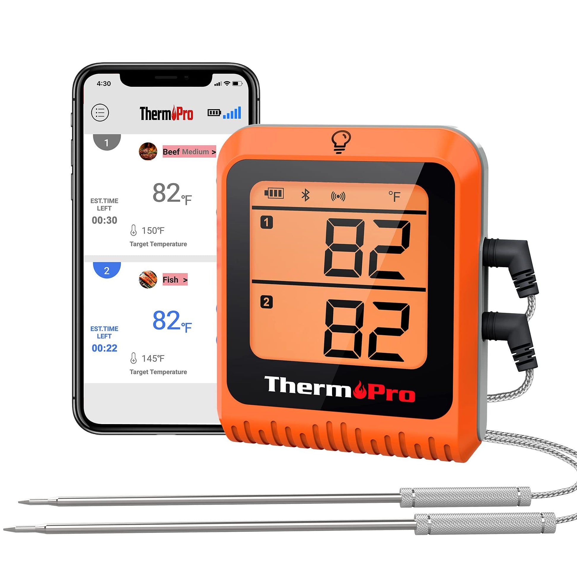 ThermoPro Wireless Meat Thermometer of 650FT for Smoker Oven, Bluetooth Grill Thermometer with Dual Probes, Smart Rechargeable BBQ thermometer for Cooking Turkey Fish Beef - CookCave