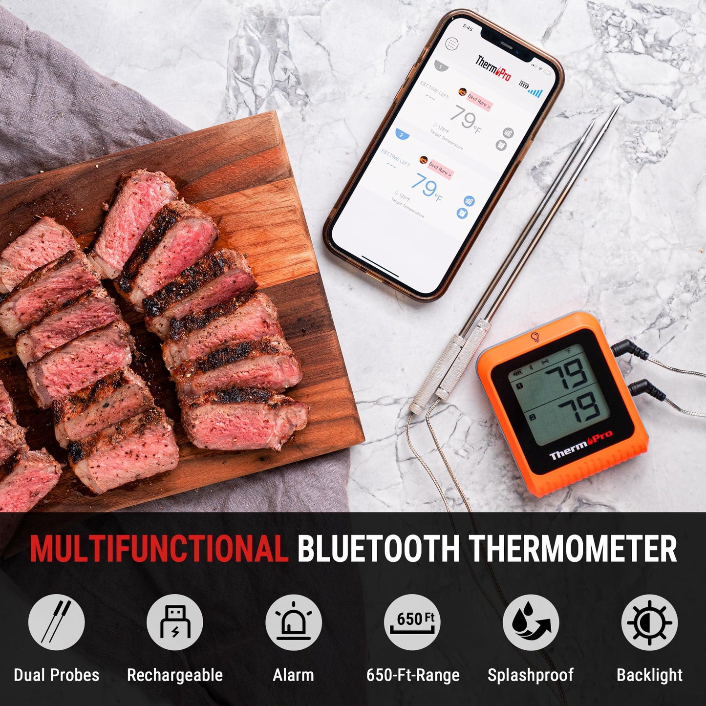 ThermoPro Wireless Meat Thermometer of 650FT for Smoker Oven, Bluetooth Grill Thermometer with Dual Probes, Smart Rechargeable BBQ thermometer for Cooking Turkey Fish Beef - CookCave