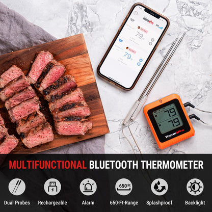 ThermoPro Wireless Meat Thermometer of 650FT for Smoker Oven, Bluetooth Grill Thermometer with Dual Probes, Smart Rechargeable BBQ thermometer for Cooking Turkey Fish Beef - CookCave