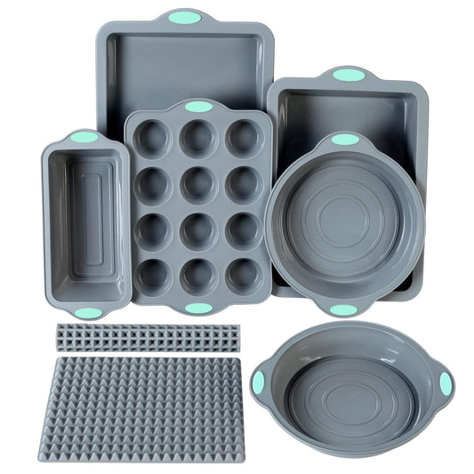 To encounter 8 in 1 Silicone Baking Set - 6 Silicone Molds - 2 Silicone Baking Mat, Nonstick Cookie Sheet, Cake Muffin Bread Pan with Metal Reinforced Frame More Strength, Light Grey - CookCave